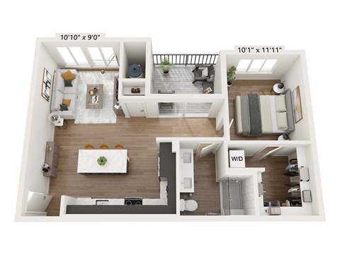 Floor plan for 1 bed, 1 bath, 671 sqft